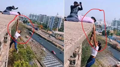 रील बनाने के लिए 10 मंजिल की ऊंचाई से हवा में लटकी लड़की  viral video देख अटक जाएगी सांस  पुलिस की नजर पड़ी तो…